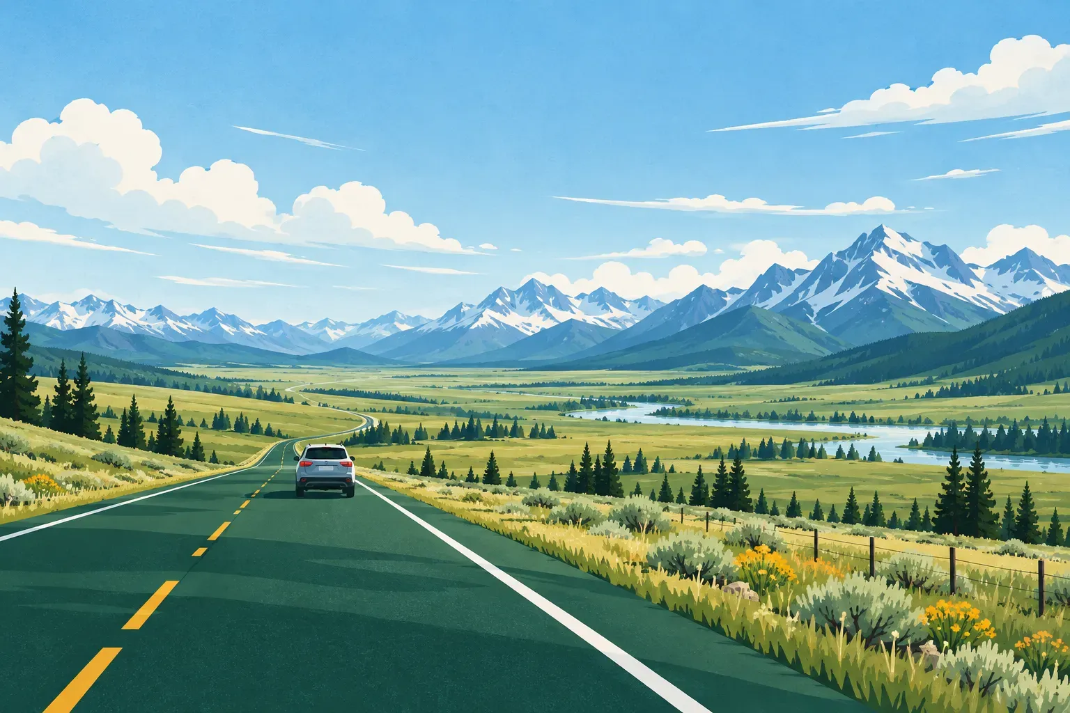 A highway through a wide open valley under a big sky with mountains, a typical landscape of Montana