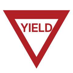 A downward pointing white triangle with a wide red border